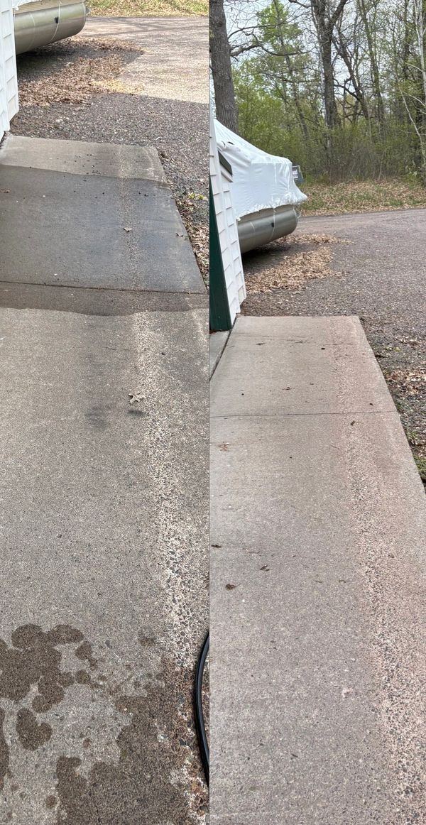 Before and after cleaning a concrete driveway section near a garage.