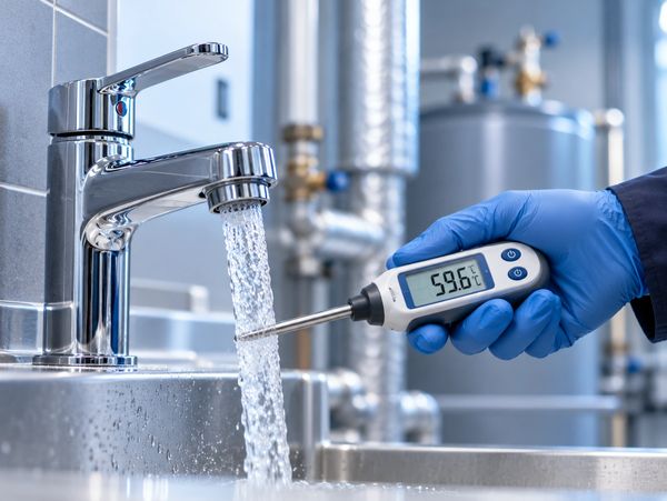 Measuring hot water temperature with a digital thermometer.