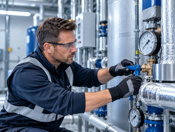 Technician adjusting industrial valve in a plant.