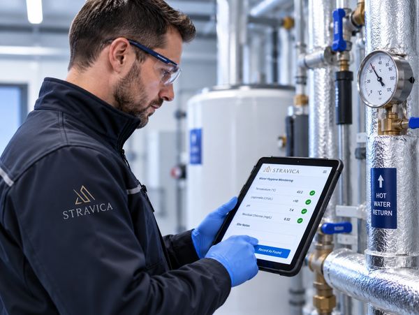 Technician monitors heat pump data on tablet in mechanical room.