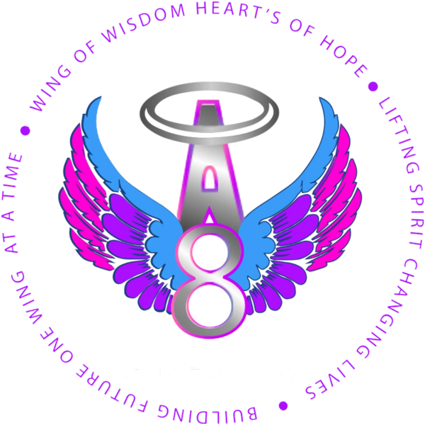 Angel 8 Logo with tagline "Wings of Wisdom Hearts of Hope" Slogan " Lifting Spirits Changing Lives"