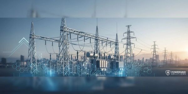 High-tech power grid infrastructure with digital overlays against a city skyline at sunset.