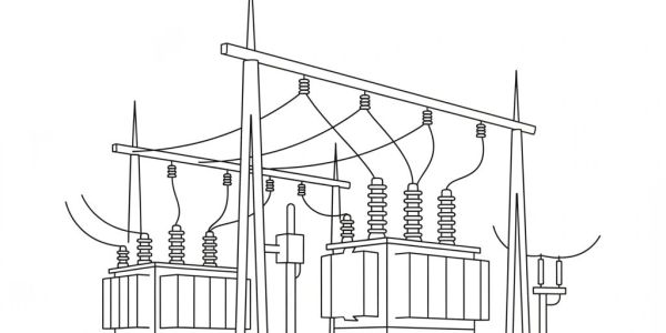 Black and white line drawing of an electrical substation with transformers and power lines.