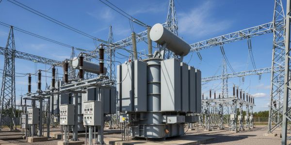 Electrical substation with transformers and high-voltage equipment under clear blue sky.