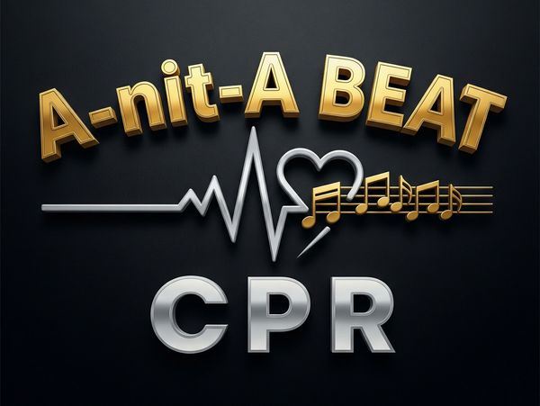 A metallic logo with gold and silver text and musical heartbeat design.