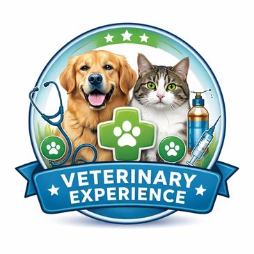 Logo featuring a dog, cat, and veterinary symbols for veterinary experience.