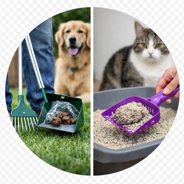Cleaning up dog waste outside and scooping cat litter indoors.