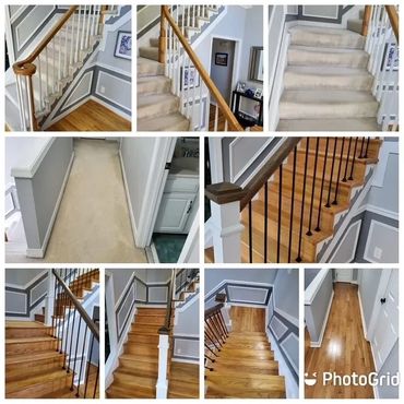 Before and after photos showing a staircase and hallway transformation from carpet to hardwood flooring.
