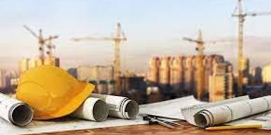 A picture of a hardhat, blueprints, cranes, and skyscrapers on a construction site.