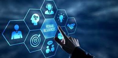 A hand pushing a button on a virtual screen that says "Human Resources". There are other buttons too