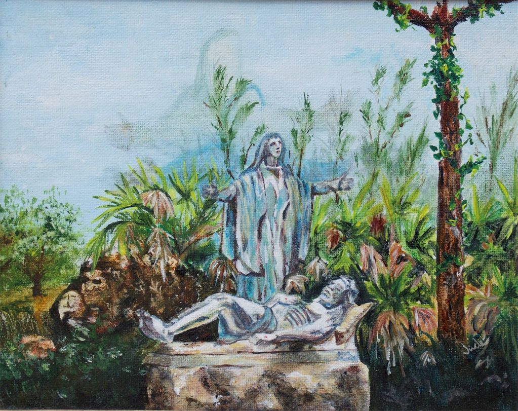 Statutes Outside a Church, Judy Bragg Pardo, Jude, spiritual, visionary, surreal, church, statutes,