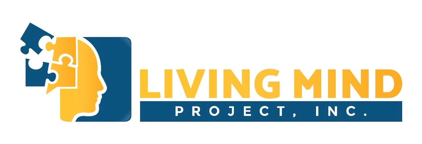 Logo of Living Mind Project, Inc. with a puzzle piece head design.