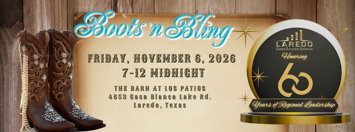 Event poster for Boots n Bling, Nov 6, 2026, Laredo, Texas.