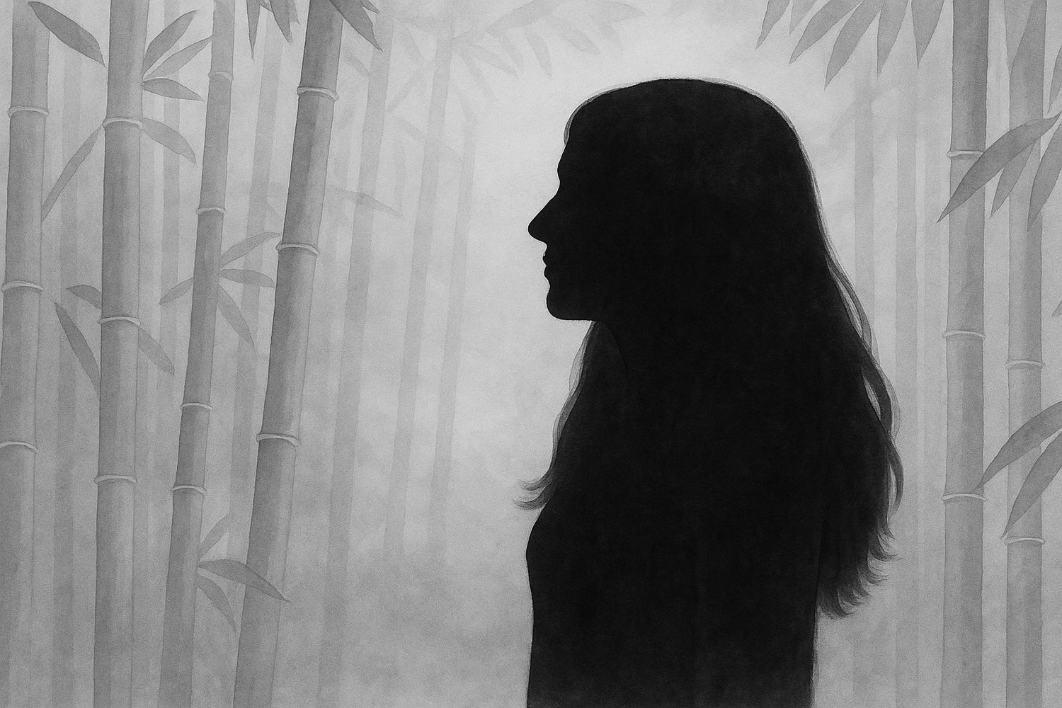 Female with long hair black and white image. Bamboo grass in the background layer