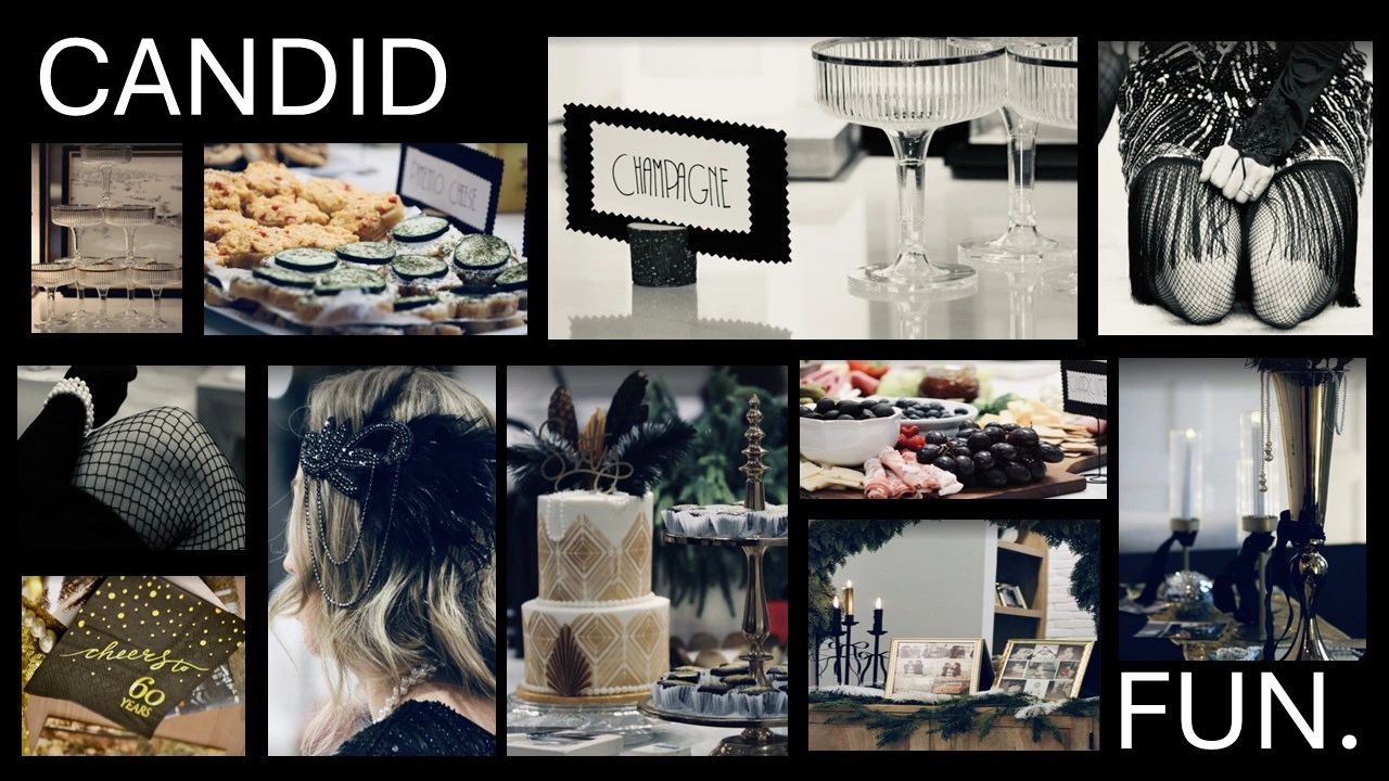 Elegant 1920s-themed party with champagne, vintage attire, and delicious food.