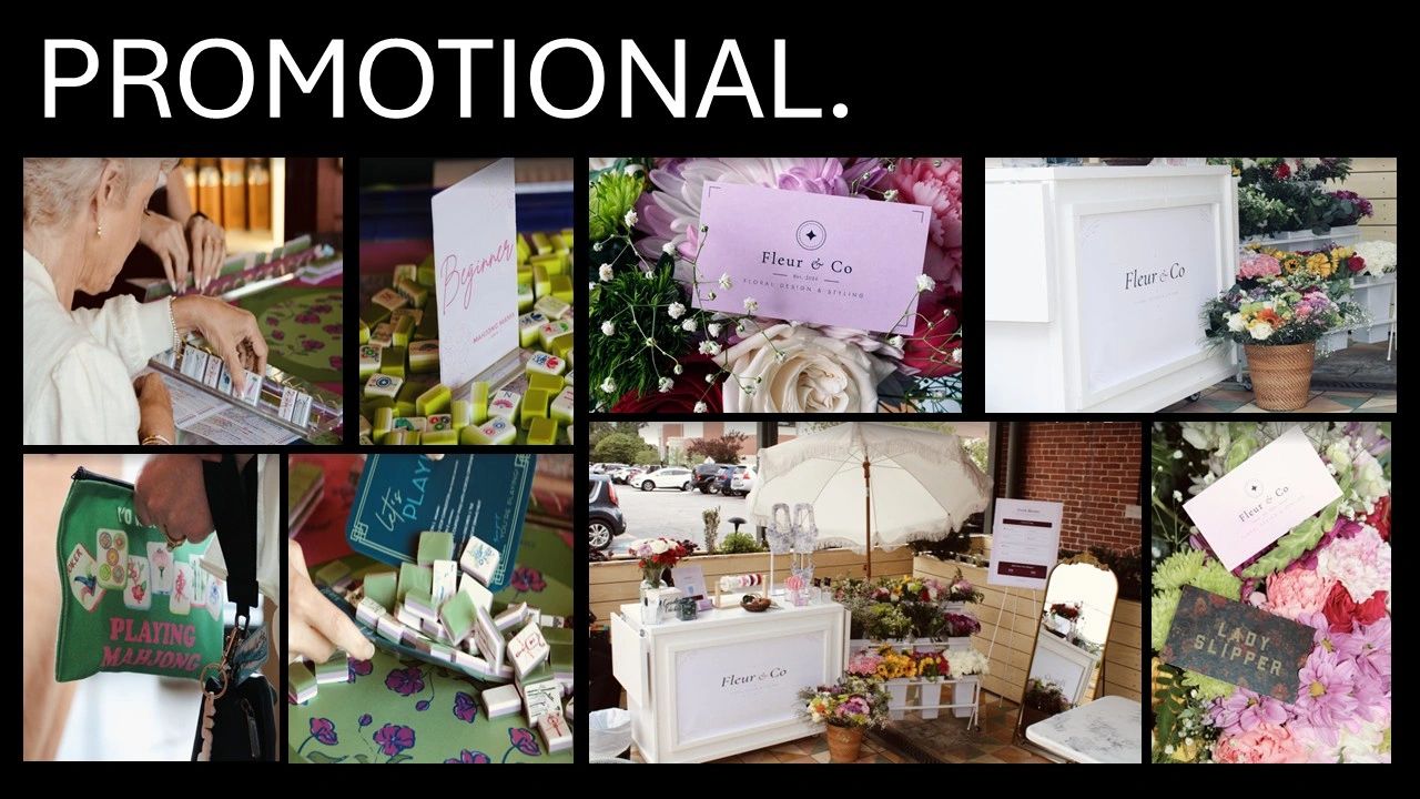 Promotional collage featuring Mahjong gameplay and Fleur & Co floral arrangements.