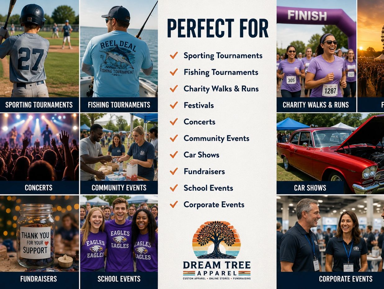 Various community and event activities suitable for Dream Tree Apparel.