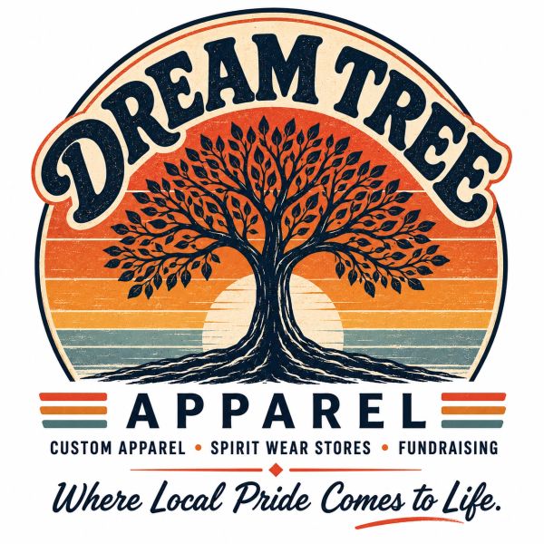 Logo of Dream Tree Apparel with a stylized tree and sunset.