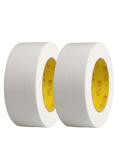 Two rolls of white adhesive tape with yellow inner cores.