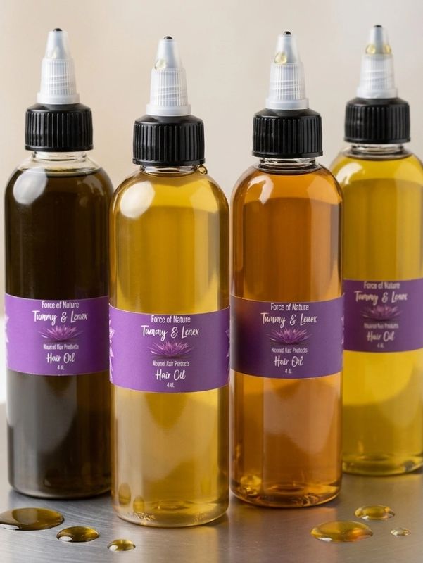 Four bottles of Force of Nature hair oil with purple labels in different shades.
