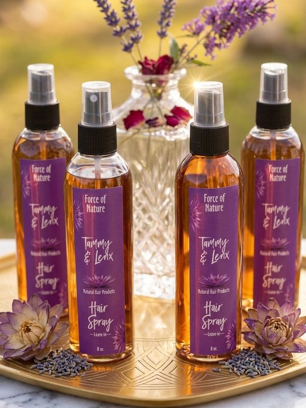 Bottles of Tammy & Lenx natural hair spray on a decorative tray with flowers.