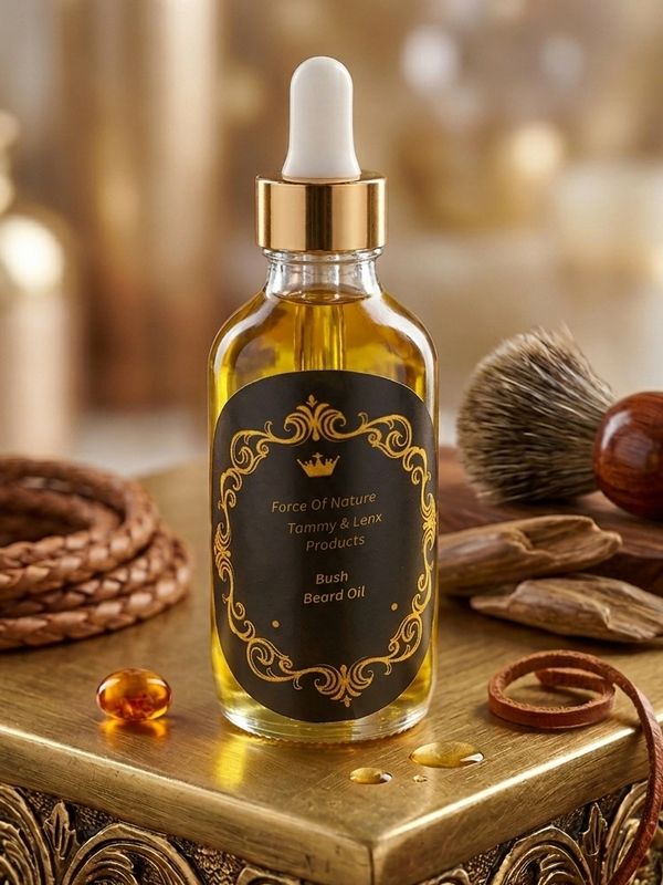 Elegant bottle of Bush Beard Oil with grooming tools on a wooden surface.