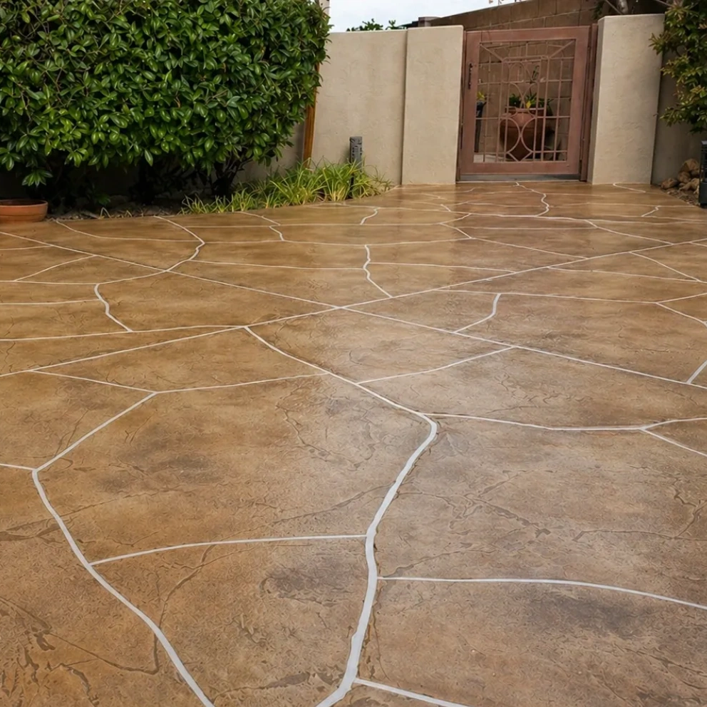 Stamped concrete patio with a natural stone pattern in a backyard.