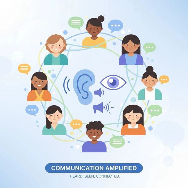 Group of diverse people in cartoon form all communicating with the heading Communication Amplified a
