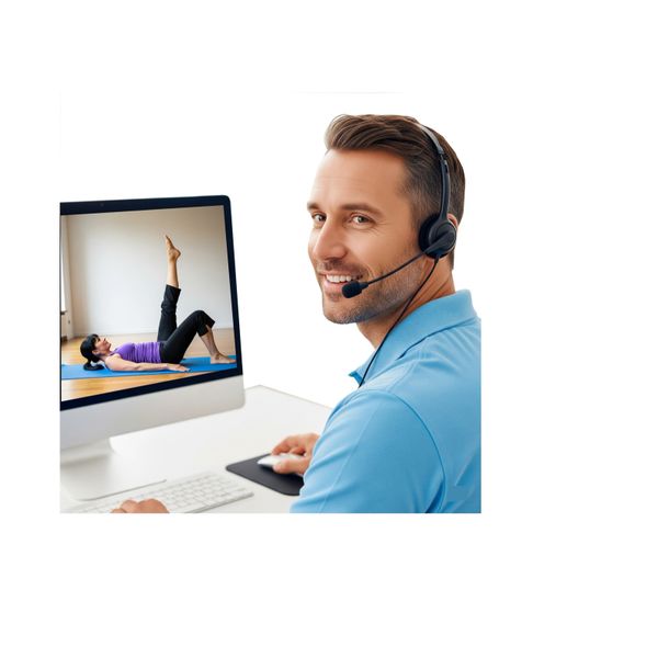 Man coaching a woman doing leg exercises via video call.