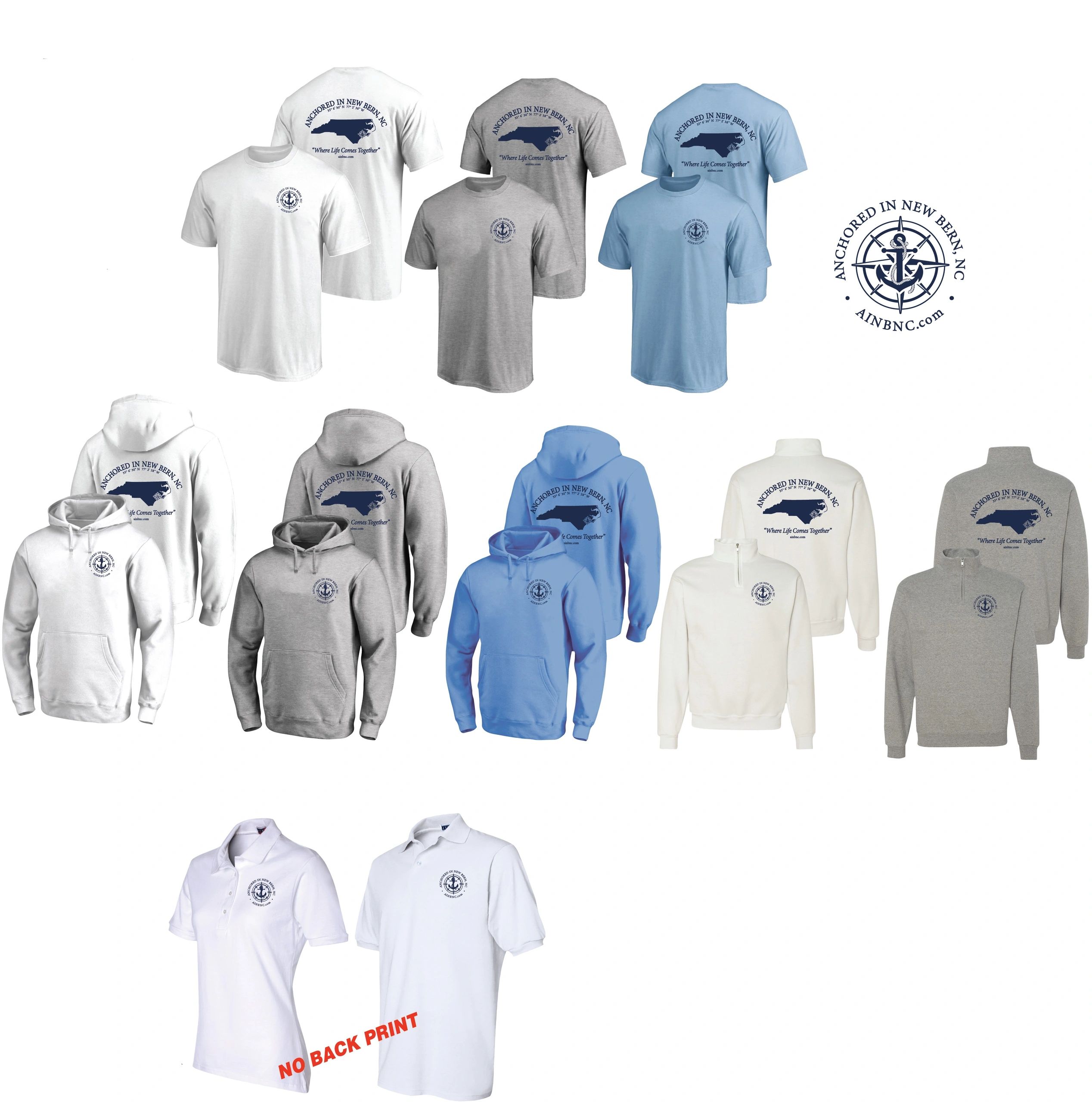 Anchored in New Bern, NC T-Shirts, Sweatshirts, Pull Overs, Polo.