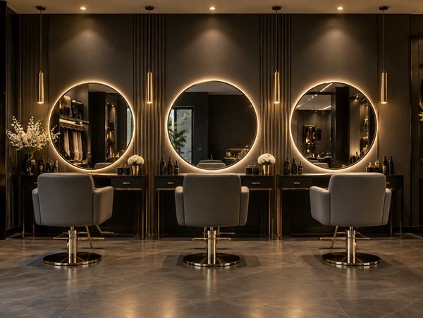 Luxury Hair Brazil Extensions salon with gray styling chairs and round LED mirrors