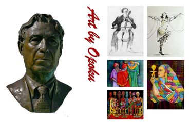 A bronze bust and diverse artworks by Opoku showcasing music, dance, and vibrant cultural scenes.