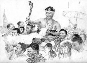 A detailed pencil drawing of a traditional African royal procession with a chief holding a decorated staff.