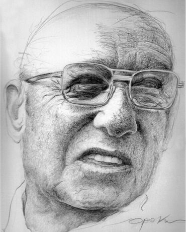Detailed pencil sketch of an elderly man wearing glasses.