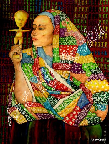 A woman wrapped in a colorful patchwork shawl holds a small carved figure.