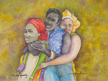 Three women embracing, symbolizing unity and family.