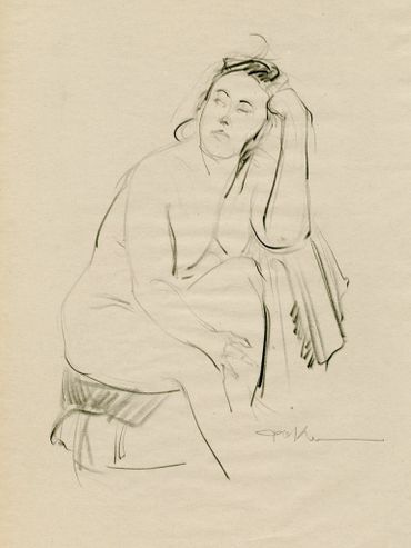 Sketch of a seated woman resting her head on her hand.