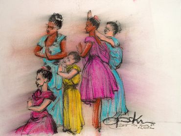 Colorful pastel sketch of five women praying together in traditional attire.