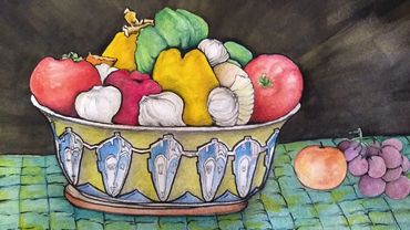 Watercolor painting of a fruit bowl with garlic and peppers.