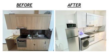 Before and after images of a kitchen renovation showing a modern upgrade.