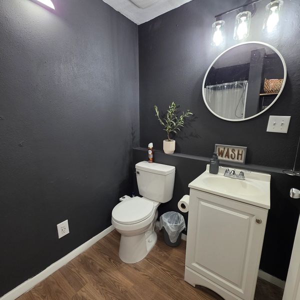 Modern bathroom with dark walls, white fixtures, and wooden flooring.
