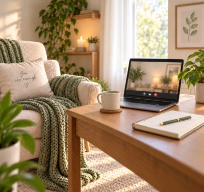 Cozy living space with a laptop, mug, and motivational pillow.