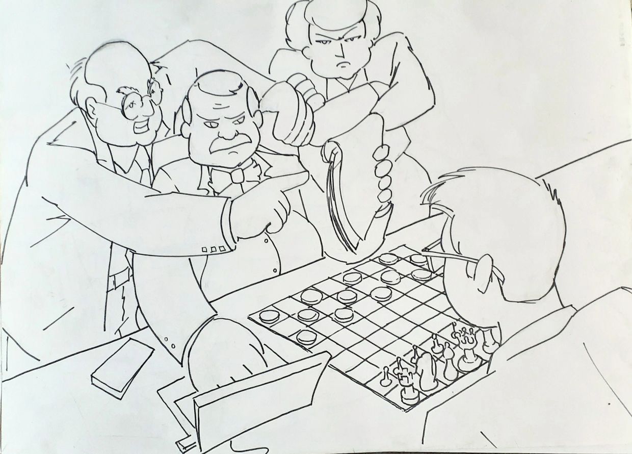 Group of Attorneys playing a game, 3 playing checkers, 1 playing chess.