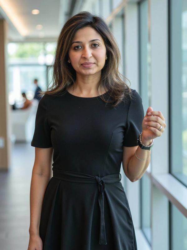 Woman in a black dress standing indoors.