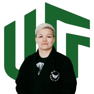 Person in a black martial arts gi standing confidently against a green logo background.