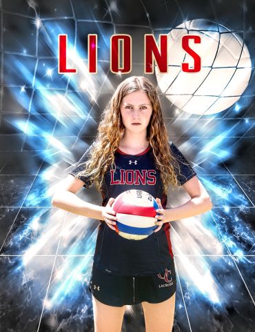 Female volleyball player in Lions jersey holding ball.