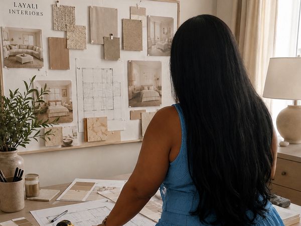 Woman reviewing interior design plans in a cozy, well-lit studio.