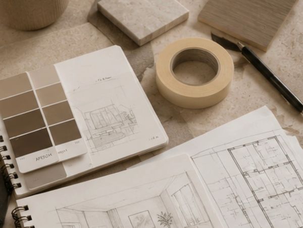 Architectural sketches and color palette on a desk with masking tape and pen.