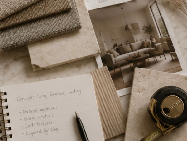 Interior design concept notes with fabric samples and a tape measure.