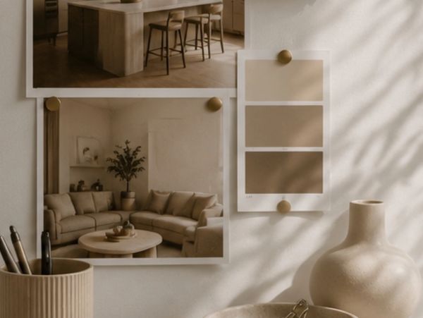 Neutral-toned interior design photos and paint swatches pinned on a wall with decorative items.